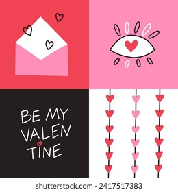 Vector modern illustration. Valentines Day poster with doodle lettering and cute design elements. 