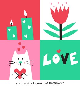 Vector modern illustration. Valentines Day poster with doodle lettering and cute design elements. 