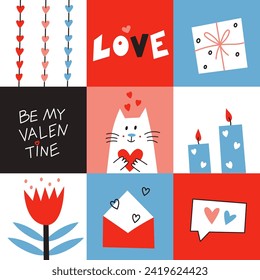 Vector modern illustration. Valentines Day poster with doodle lettering and cute design elements. 