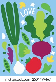 Vector ilustración moderna con verduras y alimentos: cebollas, puerros, remolachas, tomates, brócoli, guisantes verdes, ajo, queso feta, champiñones, hojas de lechuga, verduras.