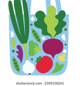 Vector ilustración moderna con verduras y alimentos dispuestos en una bolsa: cebollas, puerros, remolachas, tomates, brócoli, guisantes verdes, ajo, queso feta, champiñones, hojas de lechuga, verduras.