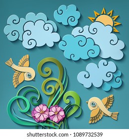 Vector modern illustration of volumetric birds, flowers and clouds. Trendy craft style card design. 3d effect imitation