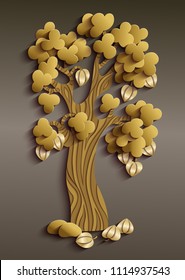 Vector modern illustration of volumetric tree. Trendy craft style card design. 3d effect imitation