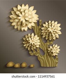 Vector modern illustration of volumetric tree. Trendy craft style card design. 3d effect imitation