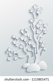Vector modern illustration of volumetric tree. Trendy craft style card design. 3d effect imitation