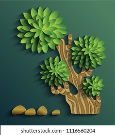 Vector modern illustration of volumetric tree. Trendy craft style card design. 3d effect imitation  