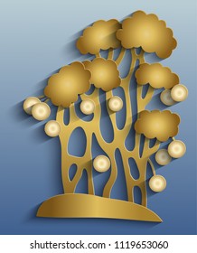 Vector modern illustration of volumetric tree. Trendy craft style color card design. 3d effect imitation  