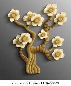 Vector modern illustration of volumetric tree. Trendy craft style color card design. 3d effect imitation  