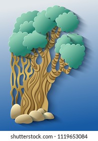 Vector modern illustration of volumetric tree. Trendy craft style color card design. 3d effect imitation  