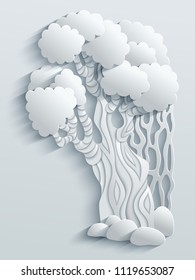 Vector modern illustration of volumetric tree. Trendy craft style card design. 3d effect imitation