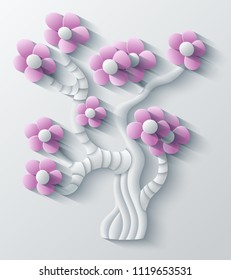 Vector modern illustration of volumetric tree. Trendy craft style card design. 3d effect imitation