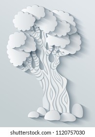 Vector modern illustration of volumetric tree. Trendy craft style card design. 3d effect imitation