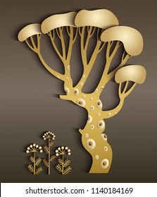 Vector modern illustration of volumetric tree. Trendy craft style card design. 3d effect imitation  