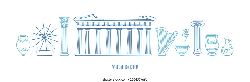 Vector modern illustration Welcome to Greece. Doodle Parthenon, antique columns, vases in blue color. Famous Greek symbols and landmarks. Panoramic city view for web banner or greeting card design.