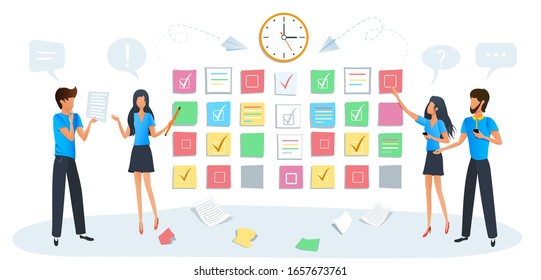 Vector modern illustration of workshop training. Business people meeting. Training of office staff, increase skills with workshop. Team brainstorming and use post notes to share idea