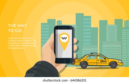 Vector modern illustration with yellow taxi cab and mobile application in phone with city background