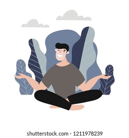 Vector modern  illustration, young men
 meditation. Men yoga in the park. You can use the print design for t-shirts, posters and cards