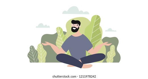 Vector modern  illustration, young men
 meditation. Men yoga in the park. You can use the print design for t-shirts, posters and cards