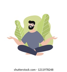 Vector modern  illustration, young men
 meditation. Men yoga in the park. You can use the print design for t-shirts, posters and cards