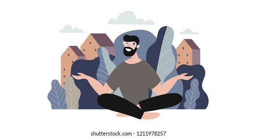 Vector modern  illustration, young men
 meditation. Men yoga in the park. You can use the print design for t-shirts, posters and cards