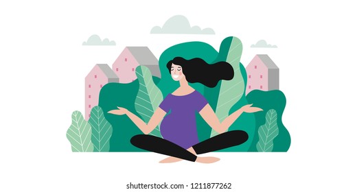 Vector modern illustration, young pregnant woman meditation. pregnant woman yoga in the park. You can use the print design for t-shirts, posters and cards