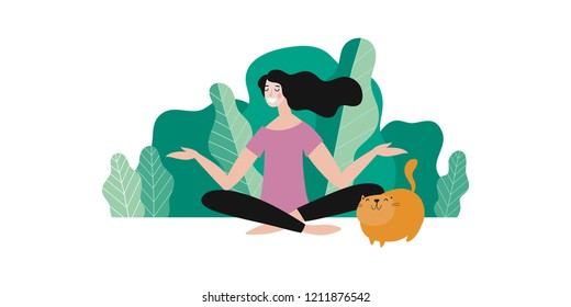 Vector modern  illustration, young woman
 meditation. Woman yoga in the park. You can use the print design for t-shirts, posters and cards