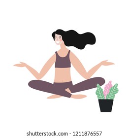 Vector modern  illustration, young woman
 meditation. Woman yoga in the park. You can use the print design for t-shirts, posters and cards