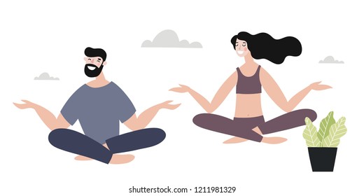 Vector modern  illustration, young woman
and men meditation. Woman yoga in the park. You can use the print design for t-shirts, posters and cards