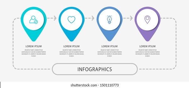 Vector modern infographic flat template pin for four paper label, diagram, graph, presentation. Business concept with 4 options and marks. Blank space for content, step for step, timeline, workflow