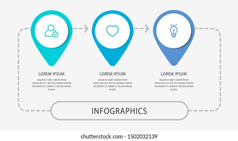 Vector modern infographic flat template pin for three paper label, diagram, graph, presentation. Business concept with 3 options and marks. Blank space for content, step for step, timeline, workflow