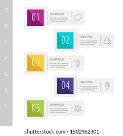 Vector modern infographic flat template label for five diagrams, graph, presentation. Business concept with 5 options, rectangles. Blank space for content, step for step, timeline, workflow, banner