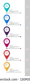 Vector modern infographic flat template pin for six paper label, diagram, graph, presentation. Business concept with 6 options and marks. Blank space for content, step for step, timeline, workflow