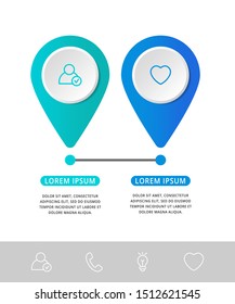 Vector modern infographic flat template pin for two paper label, diagram, graph, presentation. Business concept with 2 options and marks. Blank space for content, step for step, timeline, workflow