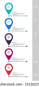 Vector modern infographic flat template pin for five paper label, diagram, graph, presentation. Business concept with 5 options and marks. Blank space for content, step for step, timeline, workflow