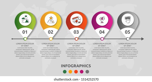 Vector modern infographic flat template pin for five paper label, diagram, graph, presentation. Business concept with 5 options and marks. Blank space for content, step for step, timeline, workflow