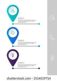 Vector modern infographic flat template pin for three paper label, diagram, graph, presentation. Business concept with 3 options and marks. Blank space for content, step for step, timeline, workflow