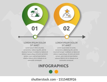 Vector modern infographic flat template pin for two paper label, diagram, graph, presentation. Business concept with 2 options and marks. Blank space for content, step for step, timeline, workflow
