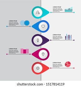 Vector modern infographic flat template pin for five paper label, diagram, graph, presentation. Business concept with 5 options and marks. Blank space for content, step for step, timeline, workflow