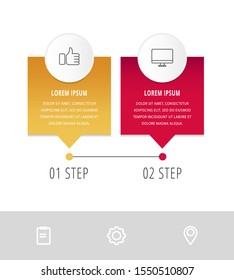 Vector modern infographic flat template pin for two paper label, diagram, graph, presentation. Business concept with 2 options and marks. Blank space for content, step for step, timeline, workflow