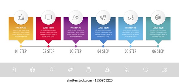 Vector modern infographic flat template pin for six paper label, diagram, graph, presentation. Business concept with 6 options and marks. Blank space for content, step for step, timeline, workflow