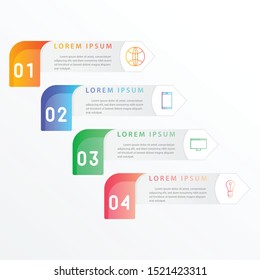 Vector modern infographic with four steps for presentation. Business infographic template with options for brochure, workflow layout, diagram, business step options, banner, and web design.