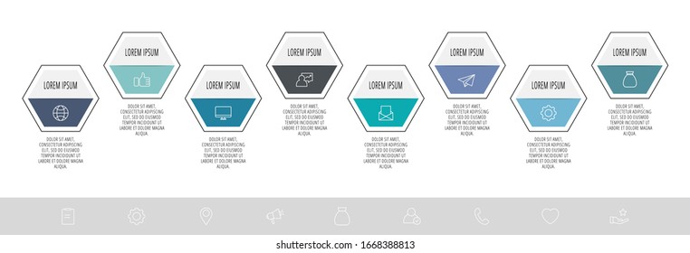 Vector modern infographic process template. Polygons with icons and text for 8 steps. Can be used for flowchart, diagram, number options, web design, step by step