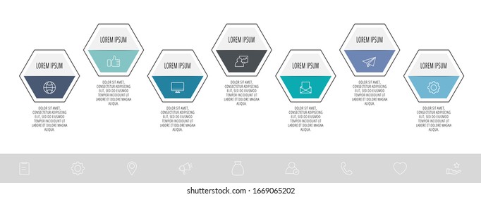 Vector modern infographic process template. Polygons with icons and text for 7 steps. Can be used for flowchart, diagram, number options, web design, step by step