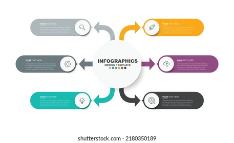 Vector Modern infographic template. Business concept with 6 options. Creative circle elements design with marketing icons. For content, diagram, flowchart, steps, parts, timeline infographics.