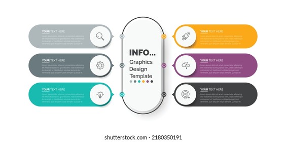Plantilla de infografía vectorial moderna. Concepto de negocio con 6 opciones. Diseño de elementos de círculo creativos con iconos de marketing. Para contenido, diagrama, diagrama de flujo, pasos, partes, infografías de línea de tiempo.
