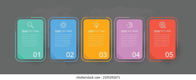 Vector Modern infographic template. Business concept with 5 options. Creative circle elements design with marketing icons. diagram, flowchart, steps, parts, timeline infographics, workflow, chart.