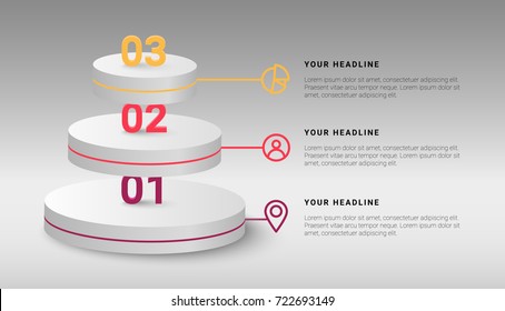 Vector modern infographic template with three steps and colorful icons and numbers