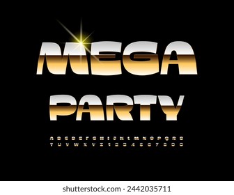 Vector modern invitation Mega Party. Trendy Gold Font. Cool premium Alphabet Letters and Numbers set.