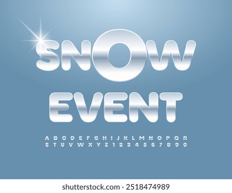 Vector modern invitation Snow Event. Creative Silver Font. Artistic Alphabet Letters and Numbers set.