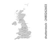 Vector modern isolated illustration. Simplified administrative map of United Kingdom of Great Britain and Northern Ireland. Grey shapes. Names of UK regions and big cities. White background